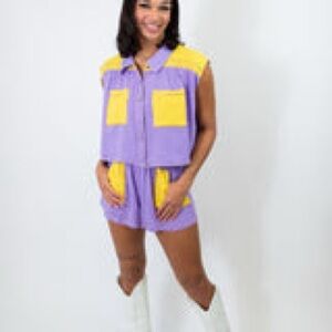 Queen of Sparkles Gauze Shorts Size L Purple & Gold Yellow